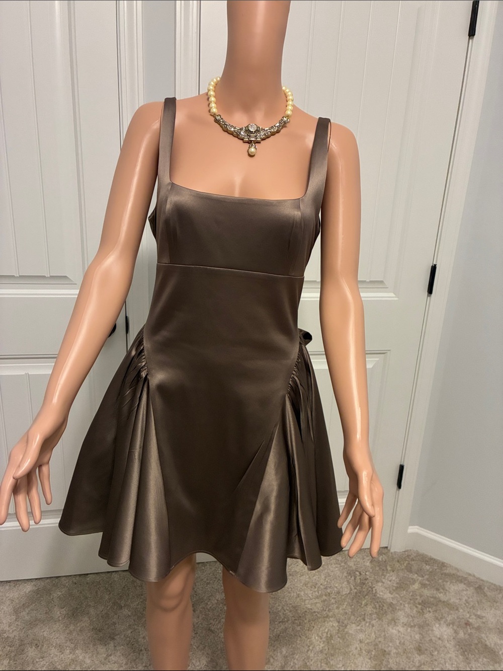 Gianni Bini taupeSatin Mini Dress with Square Neck